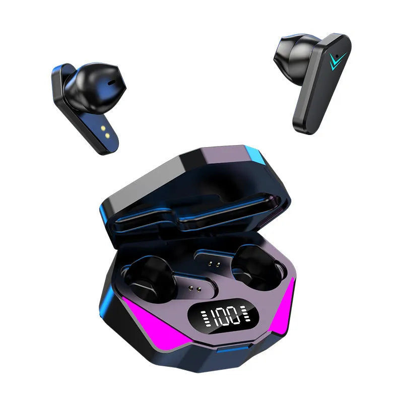 X15 black wireless Bluetooth in-ear gaming headphones with charging case