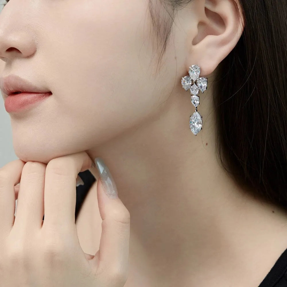 S925 sterling silver raindrop stud earrings in platinum blue diamond electroplated finish