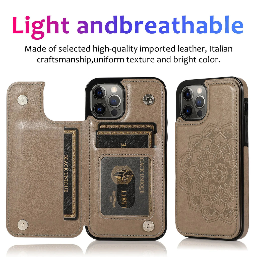 Purple flip PU leather phone case with embossed mandala pattern and card holder slot open on a white background