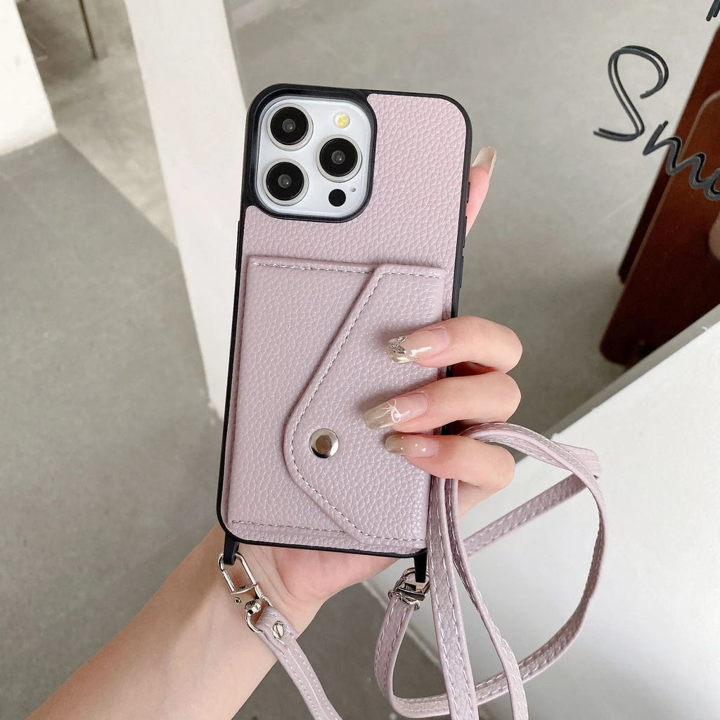 Lychee pattern crossbody phone case for iPhone 14 in imitation leather with card holder