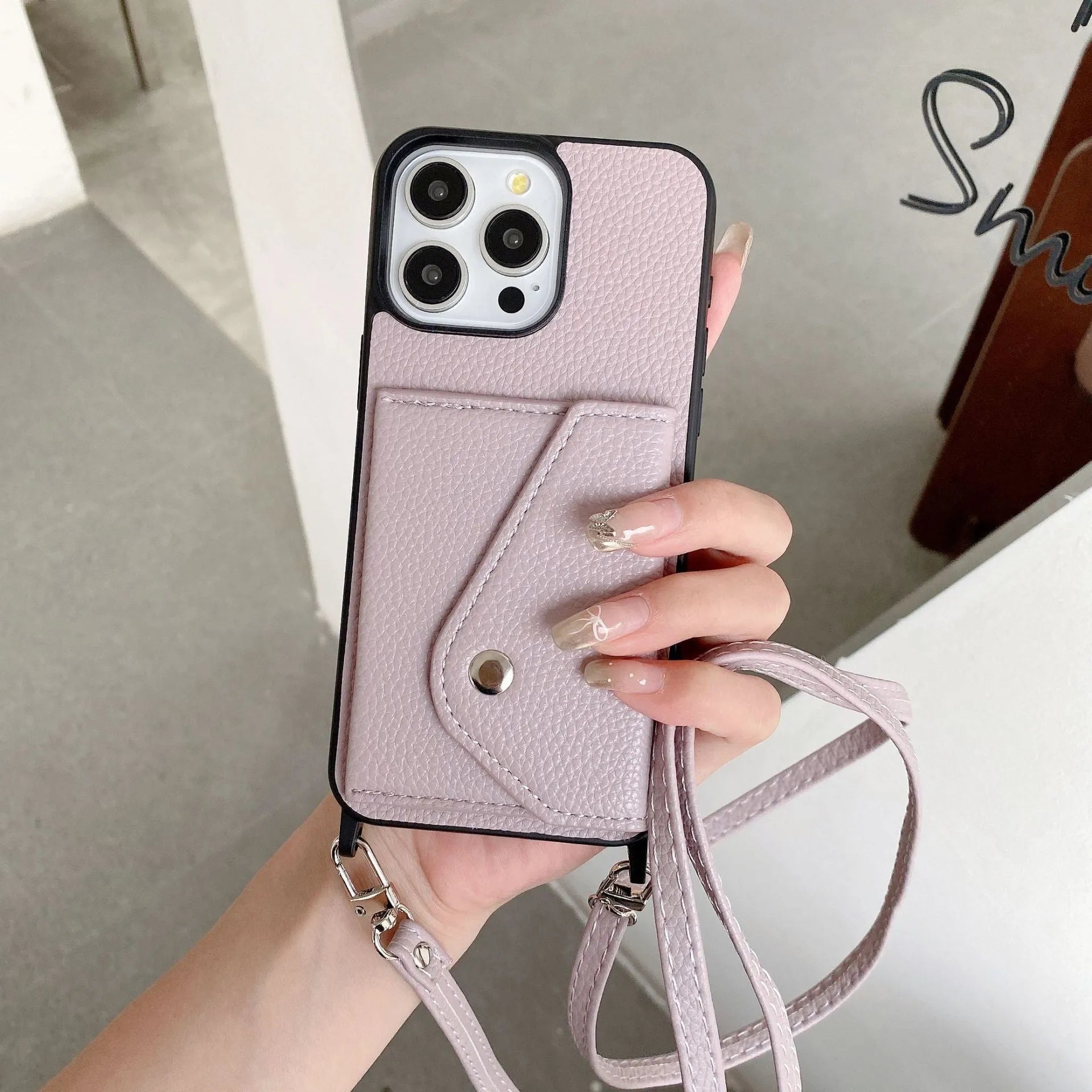 Lychee pattern crossbody phone case for iPhone 14 in imitation leather with card holder