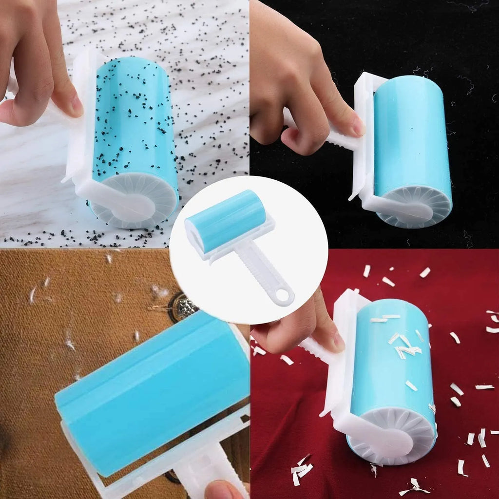 Blue reusable washable lint roller with cover for removing pet hair from clothes and sofas.