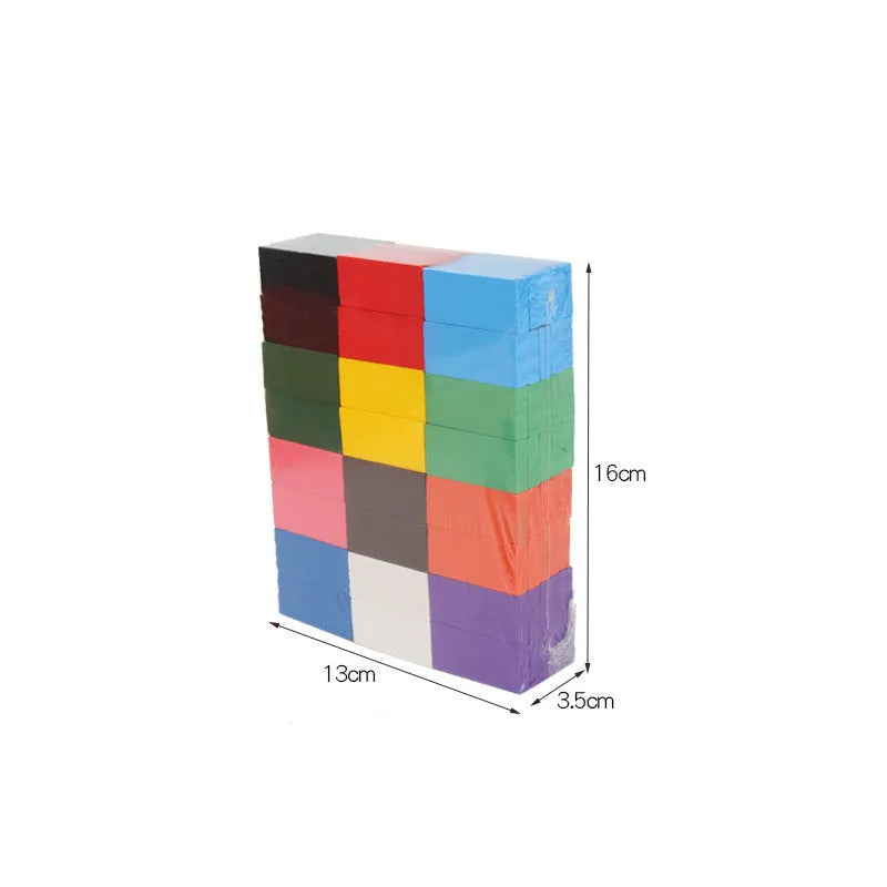 120-piece rainbow wooden domino blocks from pine wood with water-based paint on a flat surface