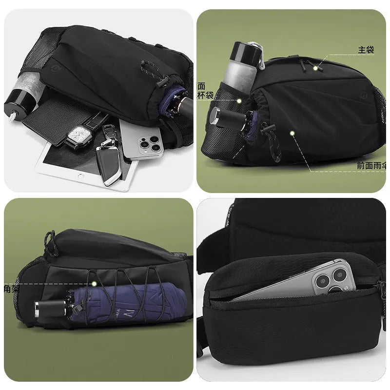 Unisex nylon outdoor waist bag in army green colour, shown from the front.
