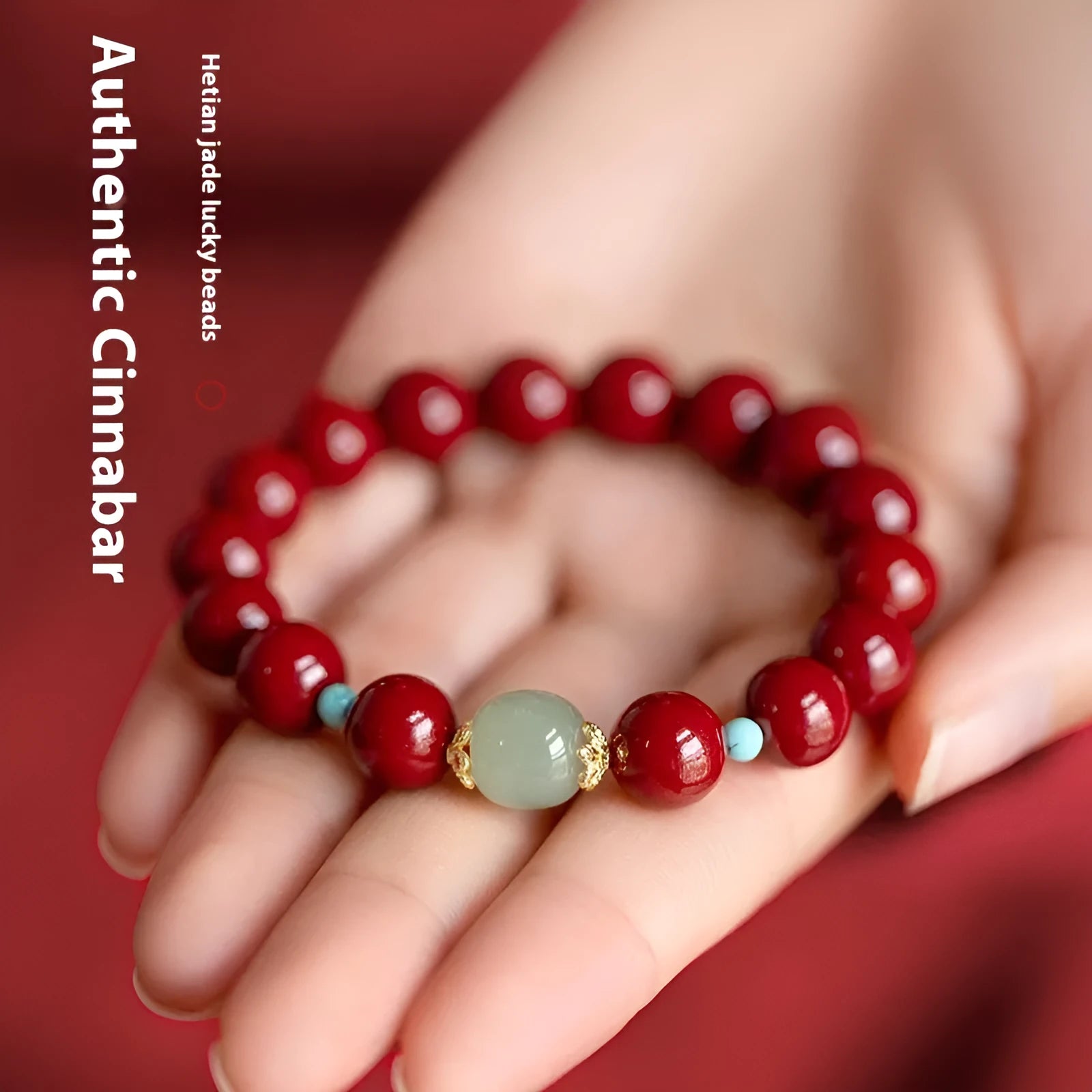 Geometric cinnabar Hetian jade bead bracelet with elliptical purple gold sand beads and coated metal details