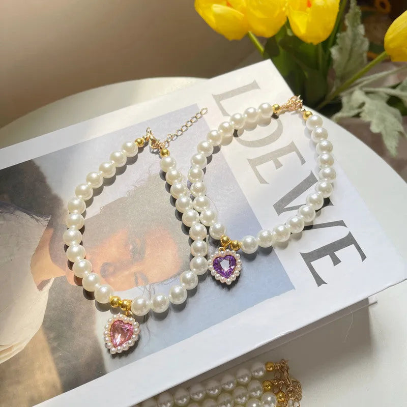 Retro love crystal pendant imitation pearl pet necklace for cats and dogs, colour options black coral blue green pink purple red sapphire blue