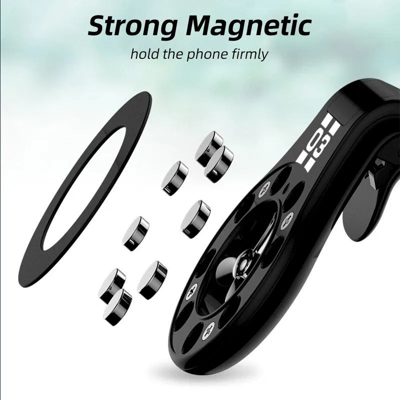 Magnetic car air vent phone holder with perfume diffuser in black, showing 360-degree rotation