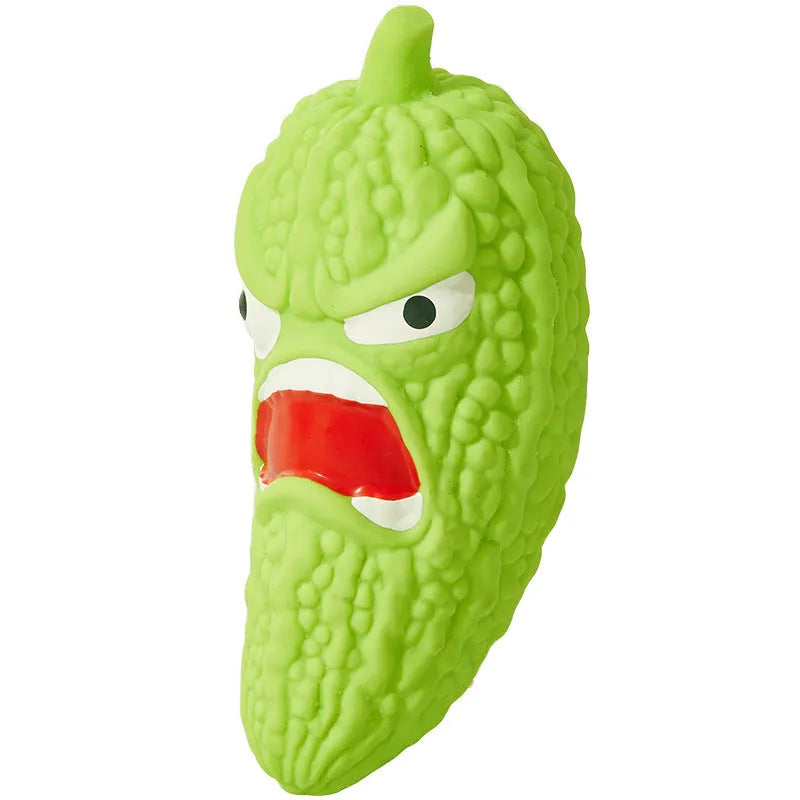 Bitter gourd or chili shaped dog chew toy with textured surface for teeth cleaning