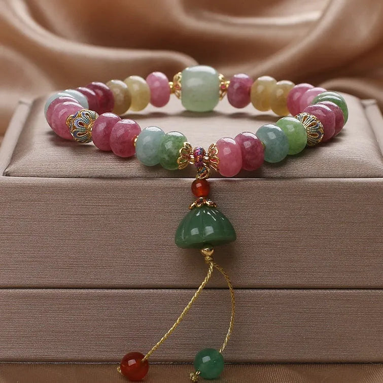 Chinese style natural colour tourmaline bracelet with floral lotus seedpod pendant for women