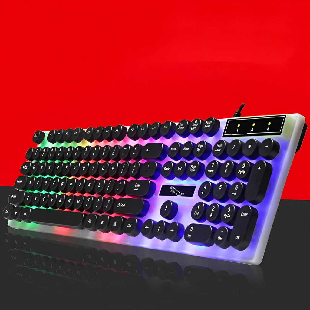 Black or white waterproof 104-key wired gaming keyboard with RGB backlight on a desk