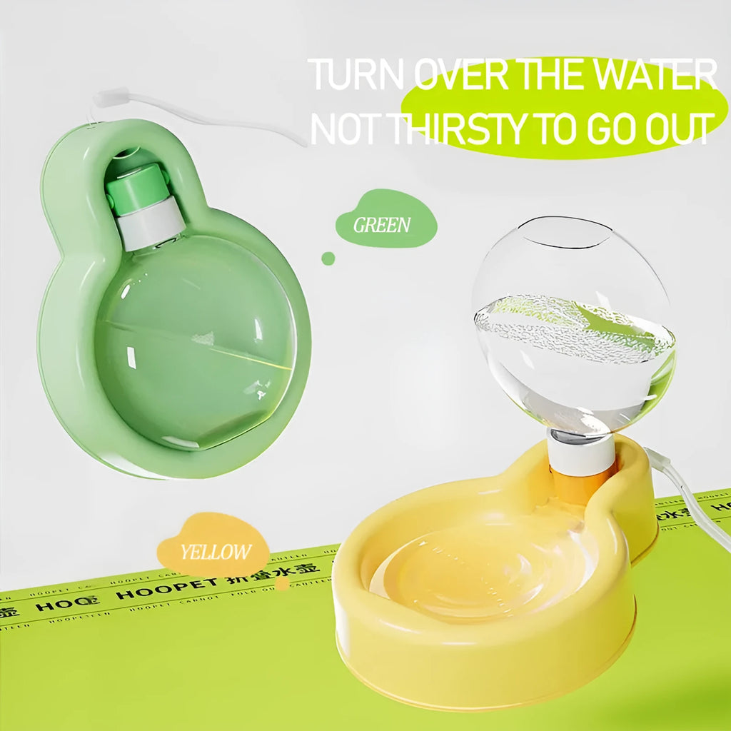 Green portable dog water bottle with integrated drinking bowl for travel and outdoor use