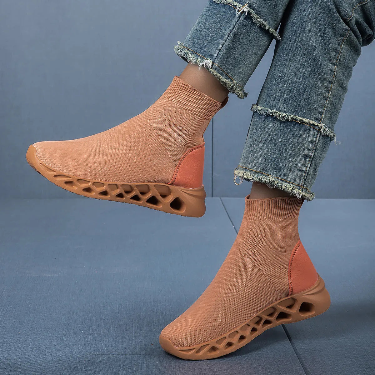 Women's black breathable mesh high-top casual sock boots with flat MD sole on a white background.