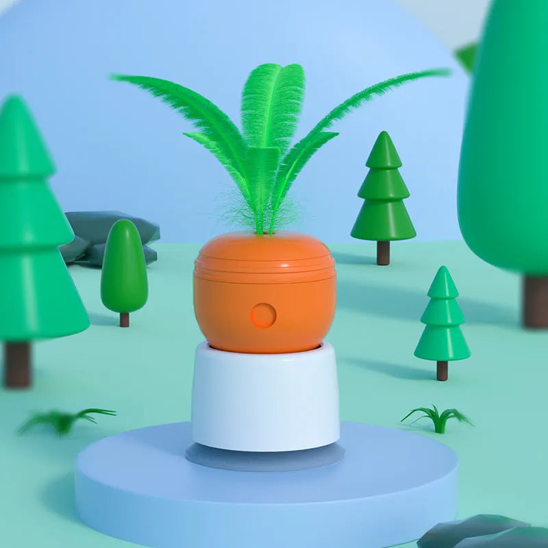 Carrot-shaped cat leaking food toy tumbler on floor, 6.3x6.3x9cm, made of ABS plastic