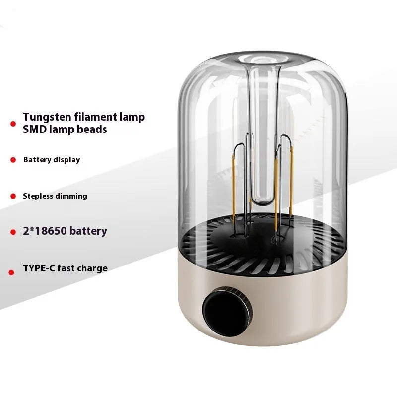 Beige and black USB rechargeable camping lantern with analog brightness knob and tungsten LED lighting
