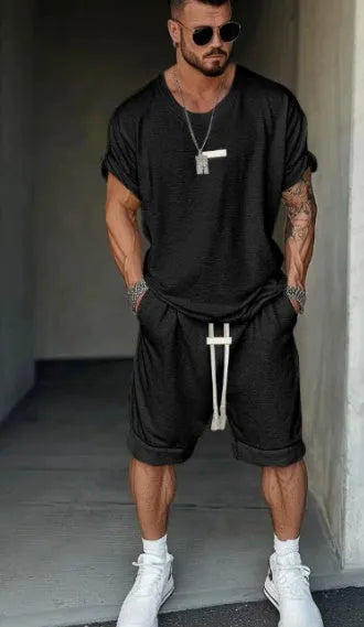 Men's grey mesh T-shirt and shorts matching set with white letter printing.