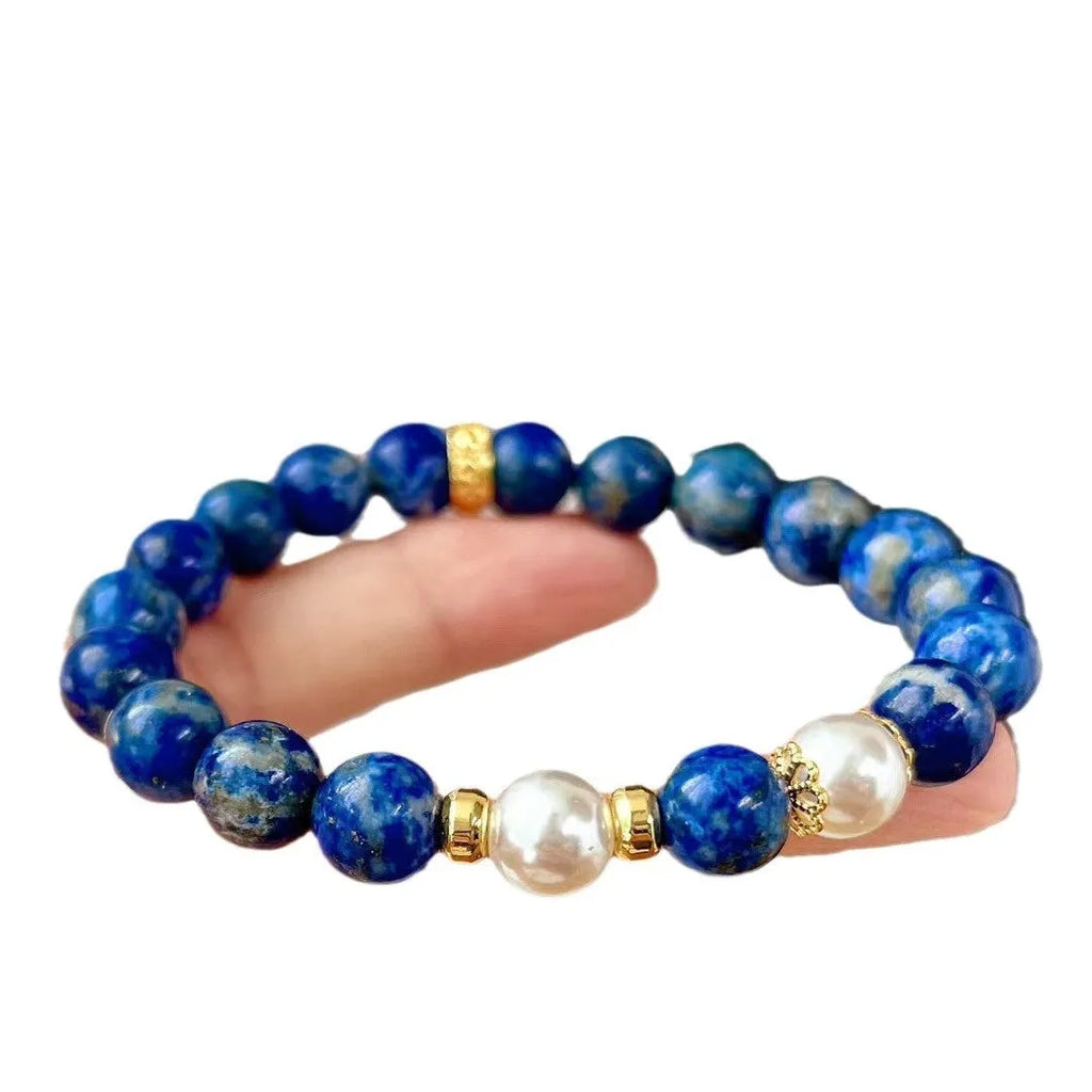 Lapis lazuli bracelet with green gold stone colouration and artistic retro Chinese-inspired design