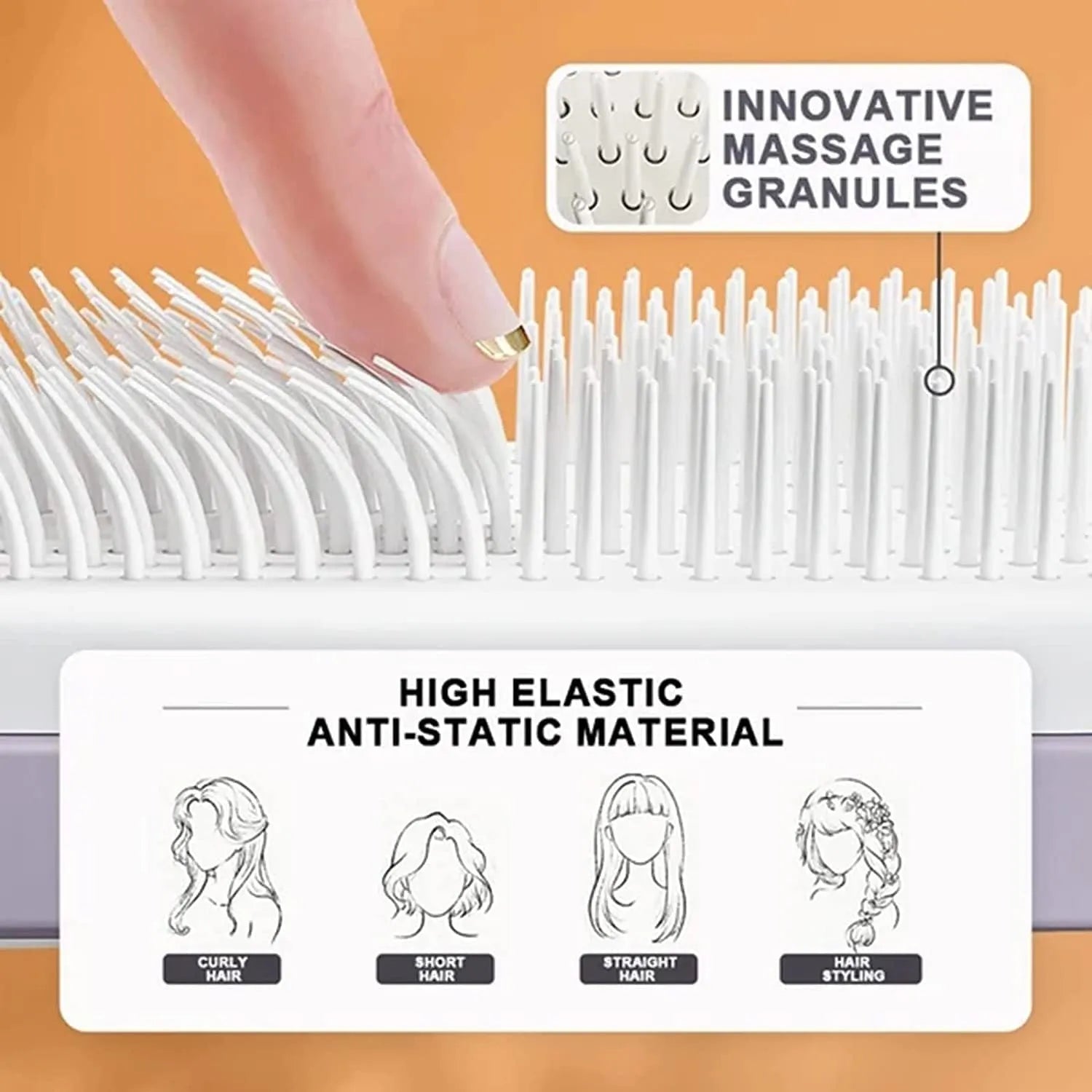 Purple and grey self-cleaning hair brushes with rotating handles and anti-static teeth.