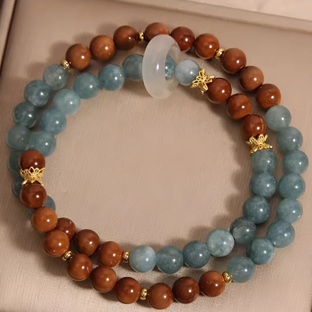 Double ring bracelet for women, natural crystal and semi-precious stone, cook blue water jade colour, electroplated finish