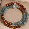 Double ring bracelet for women, natural crystal and semi-precious stone, cook blue water jade colour, electroplated finish