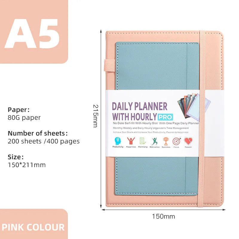 A5 notebook with PU leather cover in various colours, shown open to reveal blank pages and planning stickers.