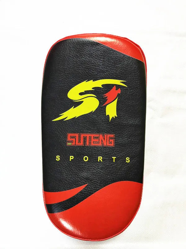 Square black and red hand-held martial arts target pad with strap, showing dimensions.