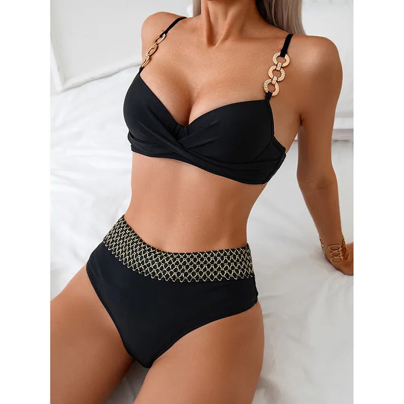 Black two-piece bikini swimsuit with split briefs style and sleeveless top