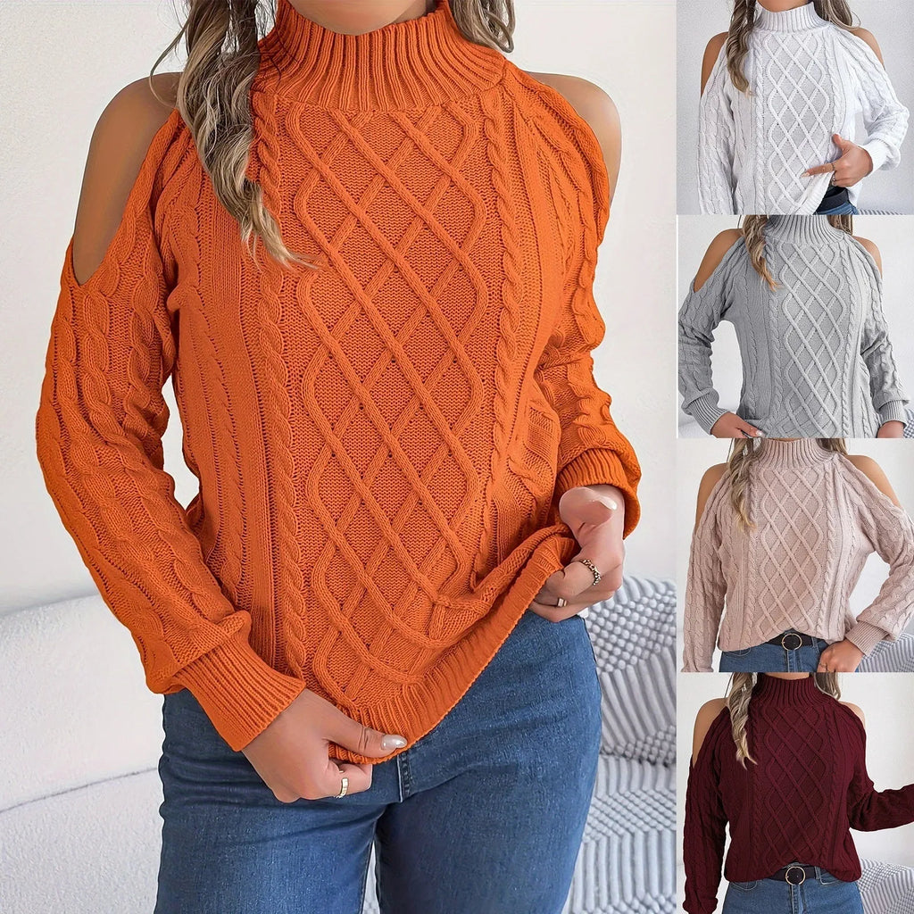Gray women's strapless pullover sweater with a twisted knit pattern and lantern long sleeves.