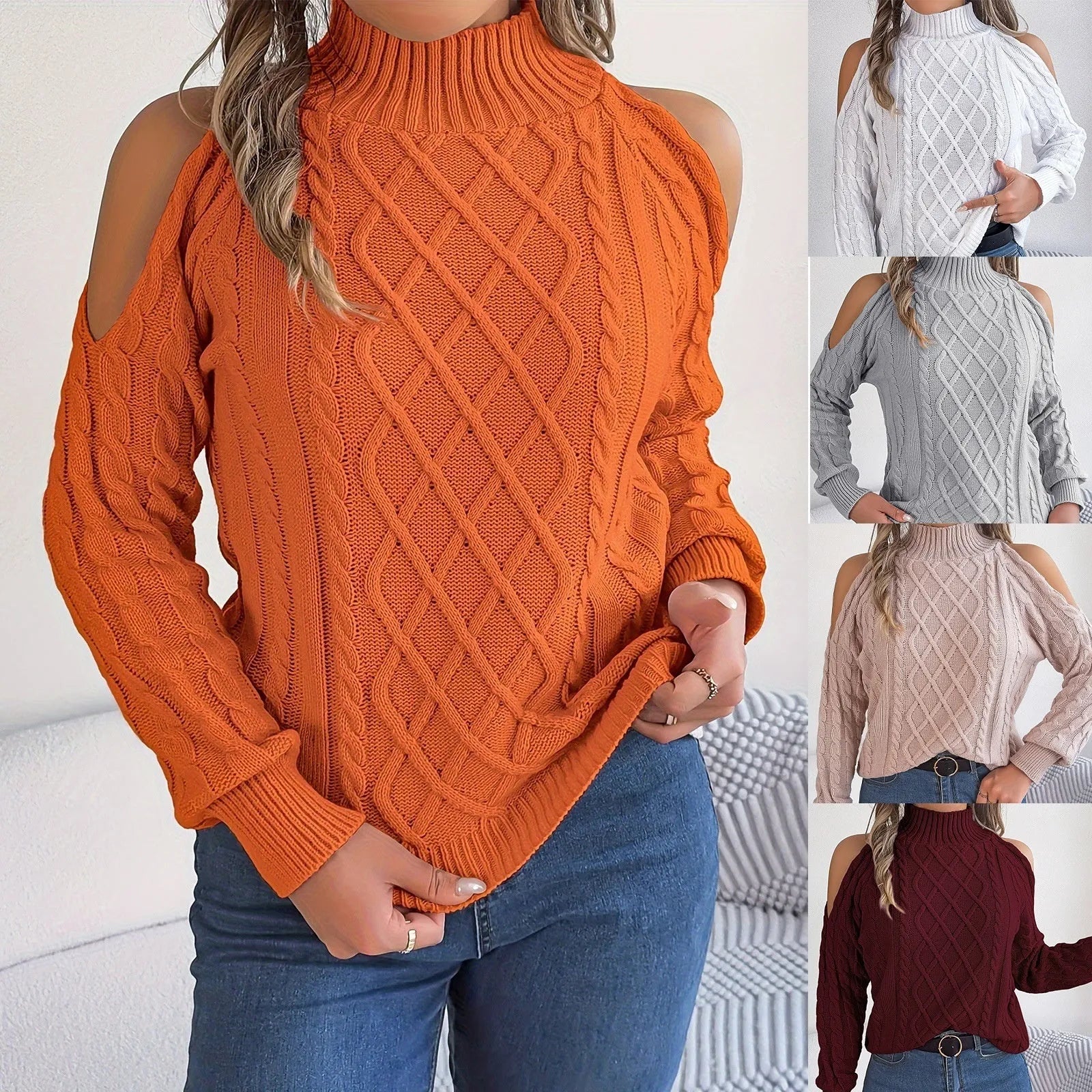Gray women's strapless pullover sweater with a twisted knit pattern and lantern long sleeves.
