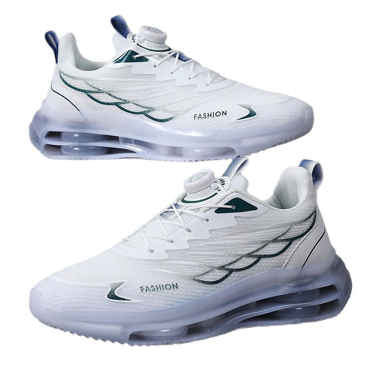 White men's low-top casual sports shoes with a rotating button lace system and breathable mesh upper.