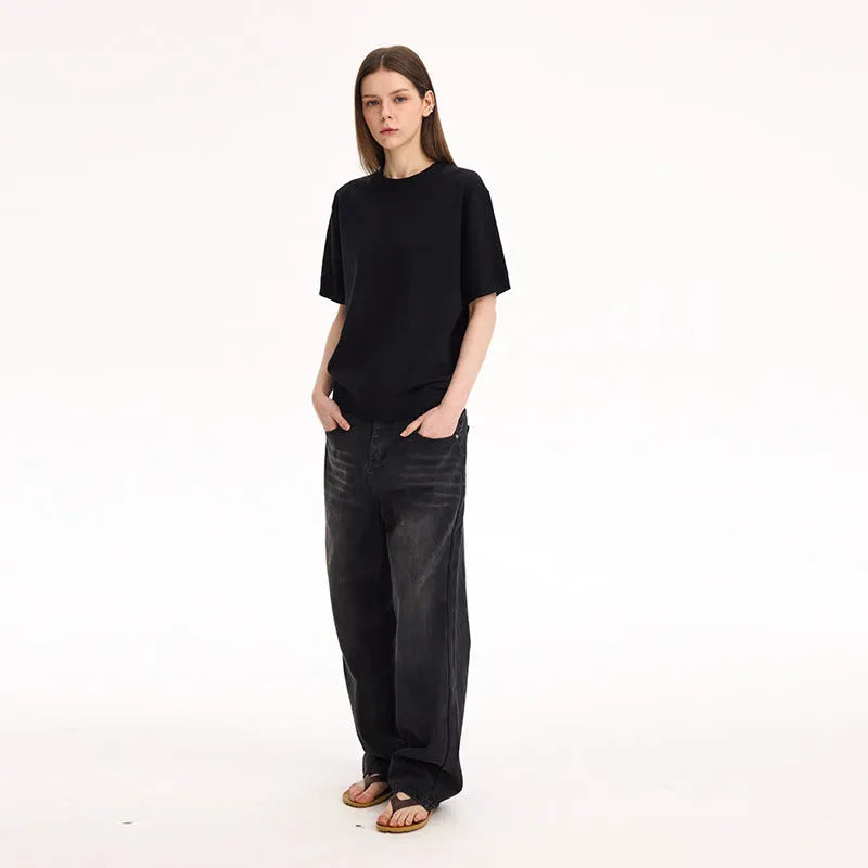 Fanio solid colour velvet short-sleeved T-shirt in black, grey, or off white.