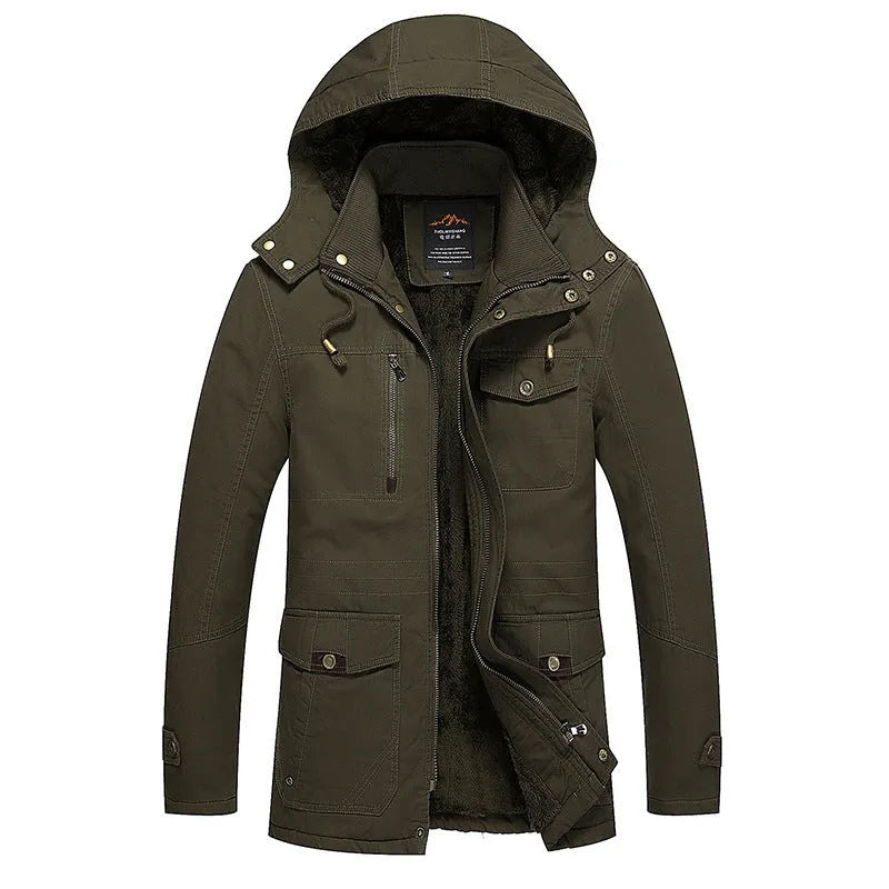 Men's fleece-lined cotton jacket in khaki, long sleeve, casual European style