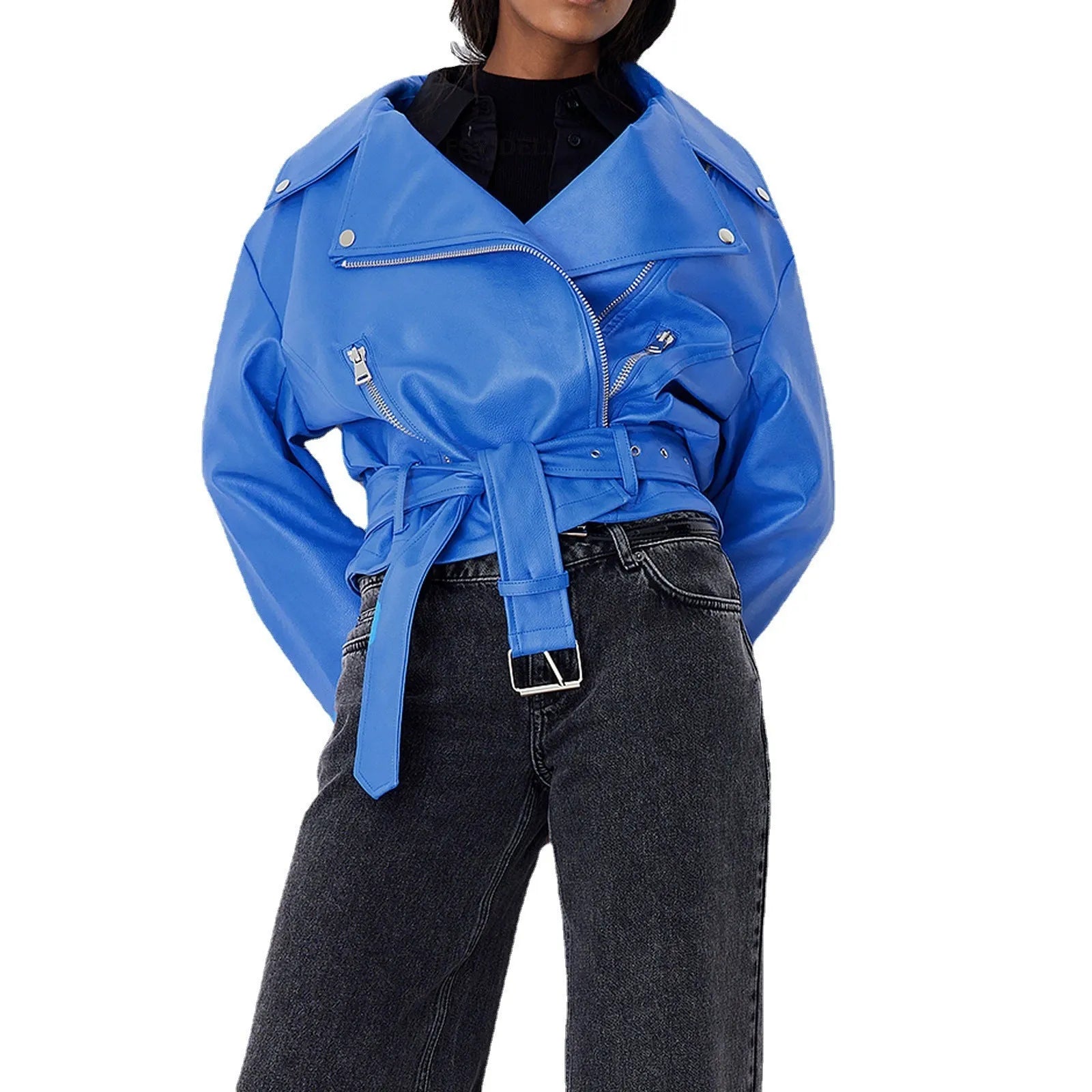 Black punk locomotive style leather jacket with a short belt lapel and Peter Pan collar.