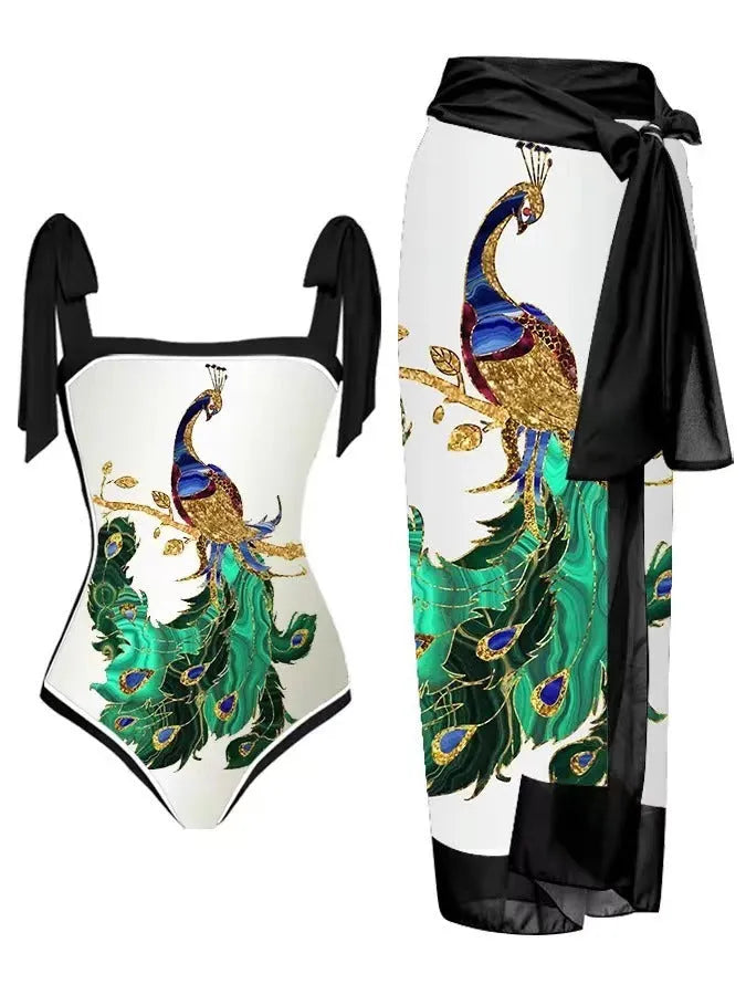Women's floral printed chiffon two-piece swimsuit with hip skirt in polyester fabric