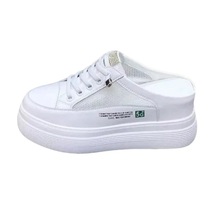 White women's platform shoes with mesh surface and heel-free design on rubber sole