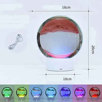 Creative 3D quicksand table lamp with glass shade and USB power cord on a nightstand.