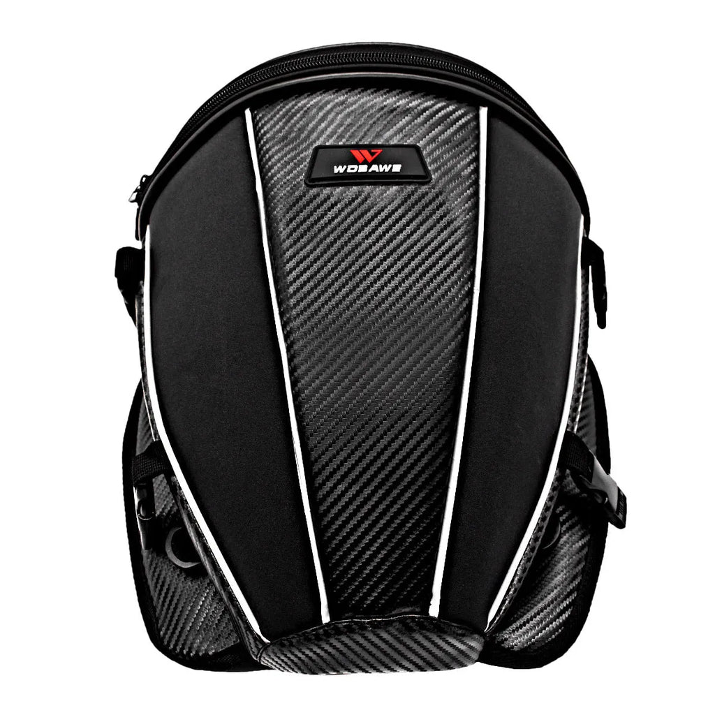 Black waterproof motorcycle crossbody bag with reflective strips and multiple pockets