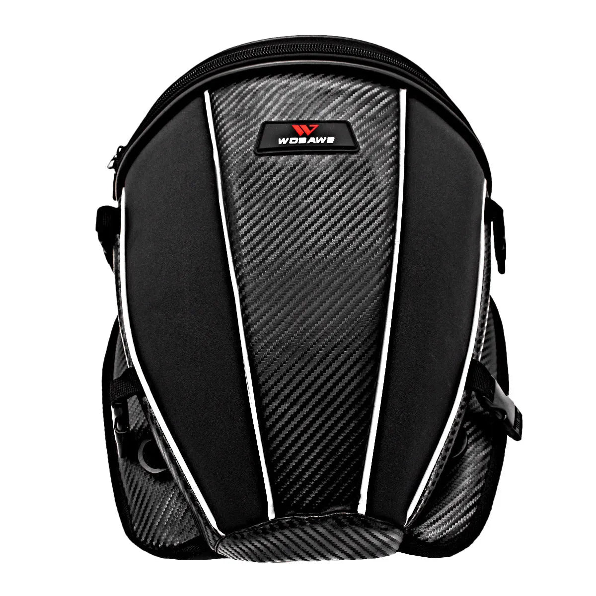 Black waterproof motorcycle crossbody bag with reflective strips and multiple pockets