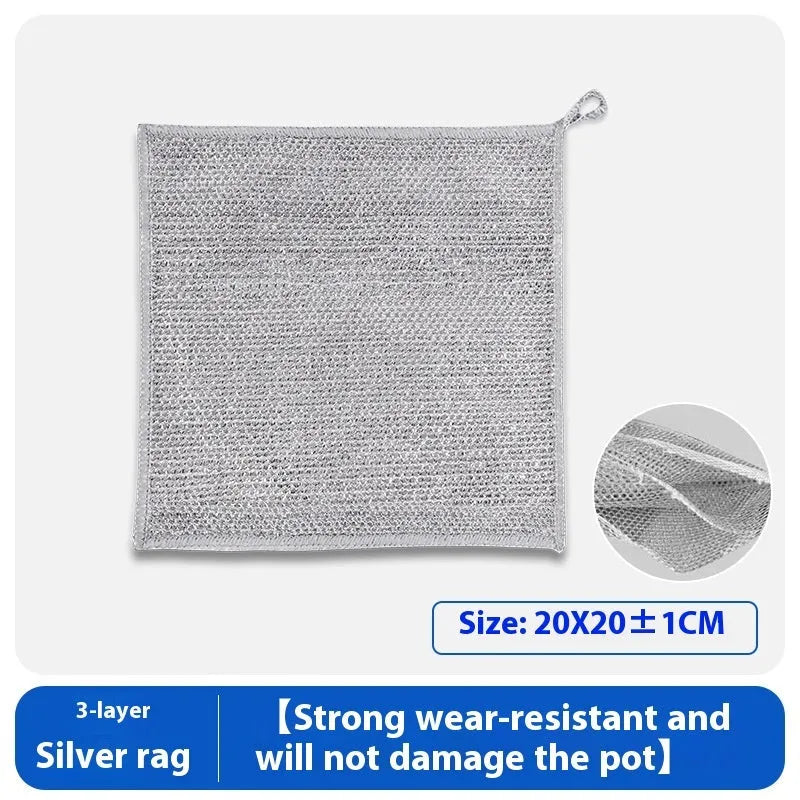 Silver wire and coloured microfiber kitchen cleaning cloths in 20cm and 25cm squares.