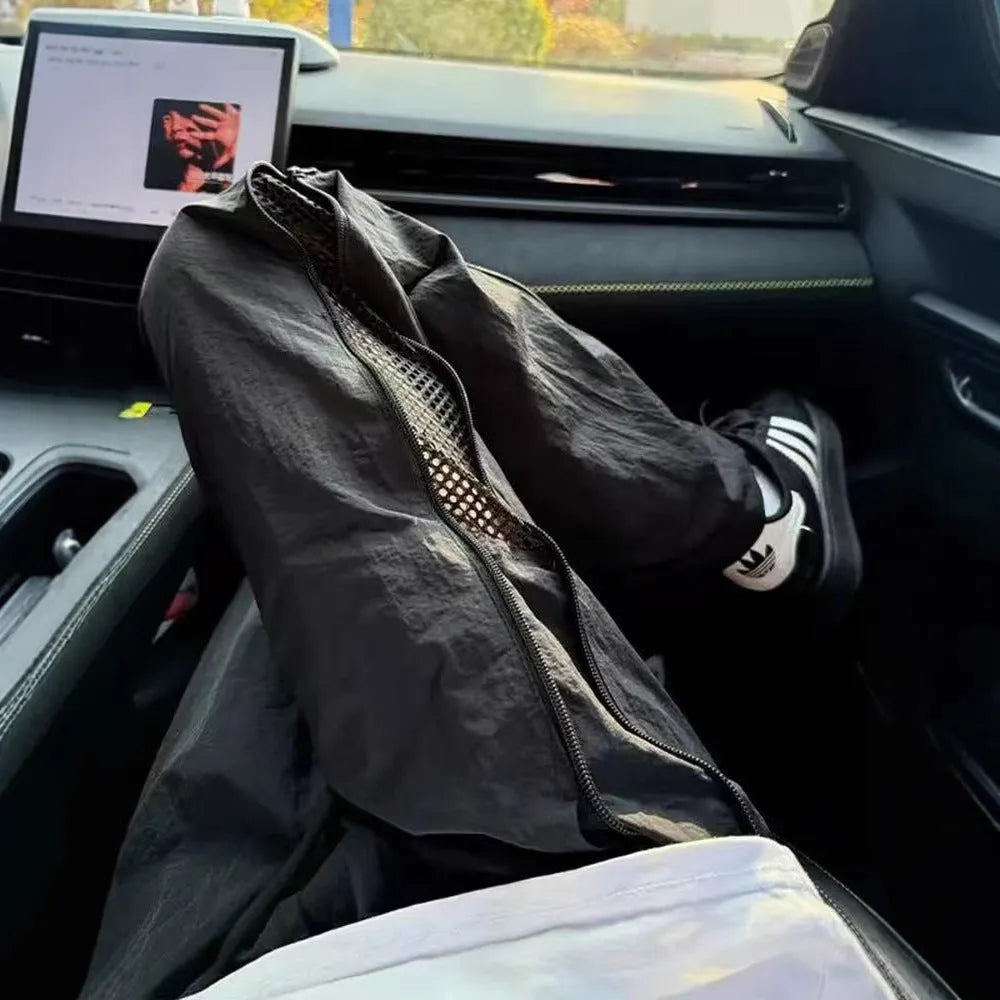 Men's black side zipper polyester outdoor technical trousers straight-leg summer pants