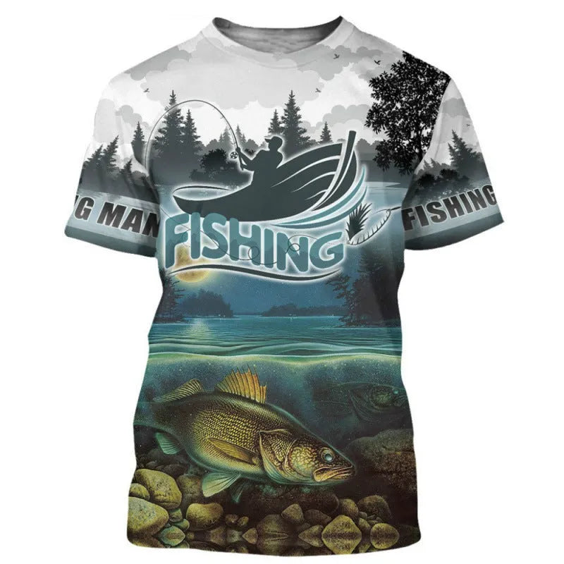 Men's fishing pattern printed short sleeve t-shirt in loose fit style with digital printed design