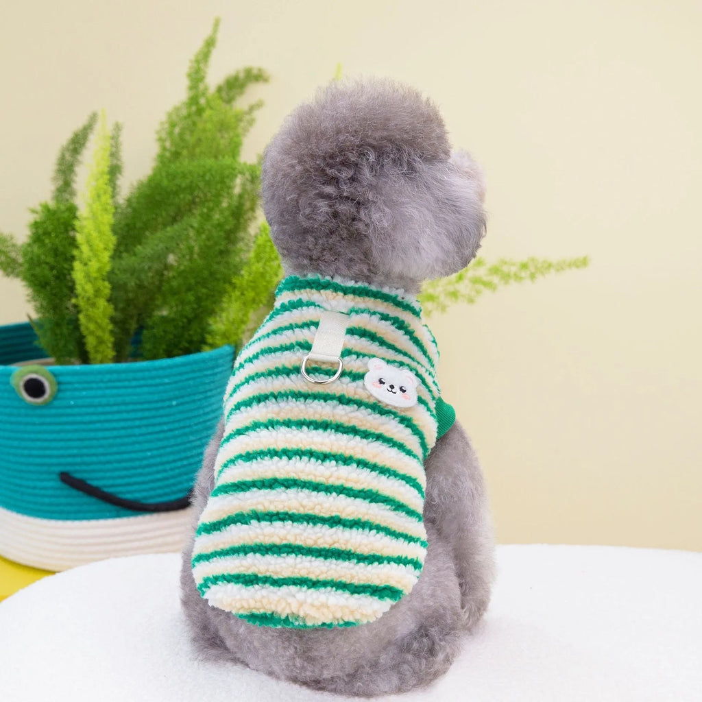 Thickened striped bear pet top in polar fluff, yellow or green, sizes S to XXL