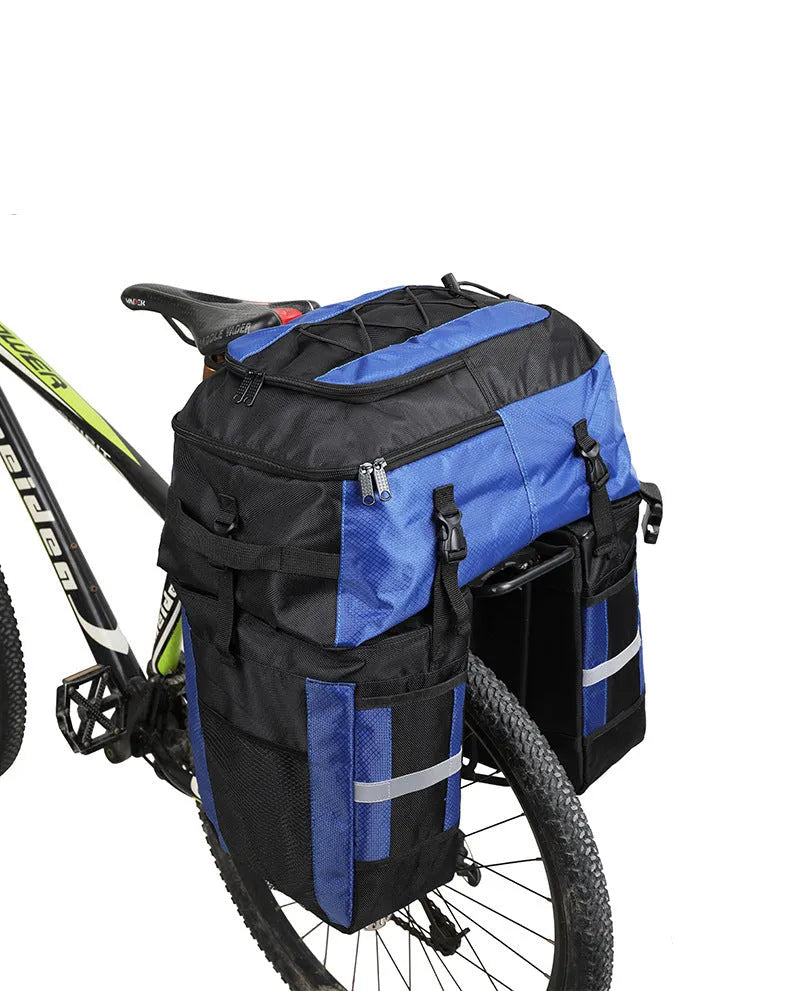 Rhinoceros brand three-in-one design 70L bicycle rear storage bag for touring, shown in available colours.