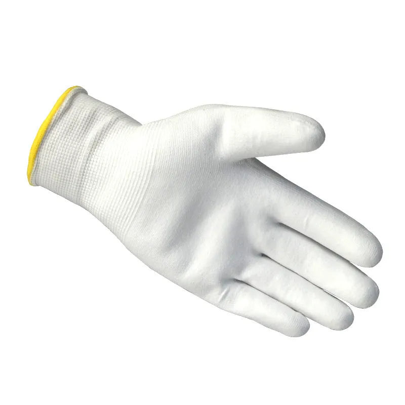 White PU coated work gloves showing flexible design and 24cm length, suitable for labour and gardening