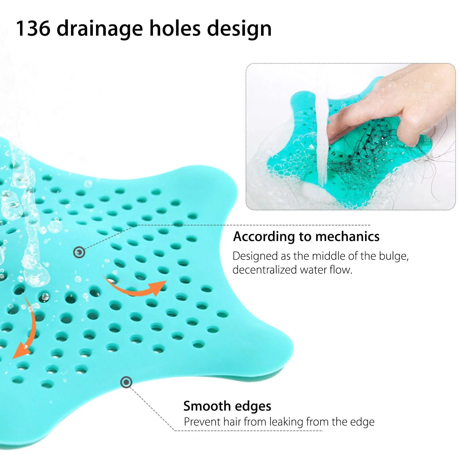 Three silicone starfish-shaped sink drain filters in white blue and green with suction cups