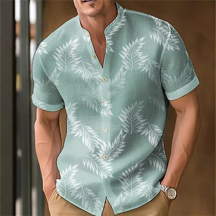 Men's printed casual polyester shirt on a hanger, showing one of the available colour options.