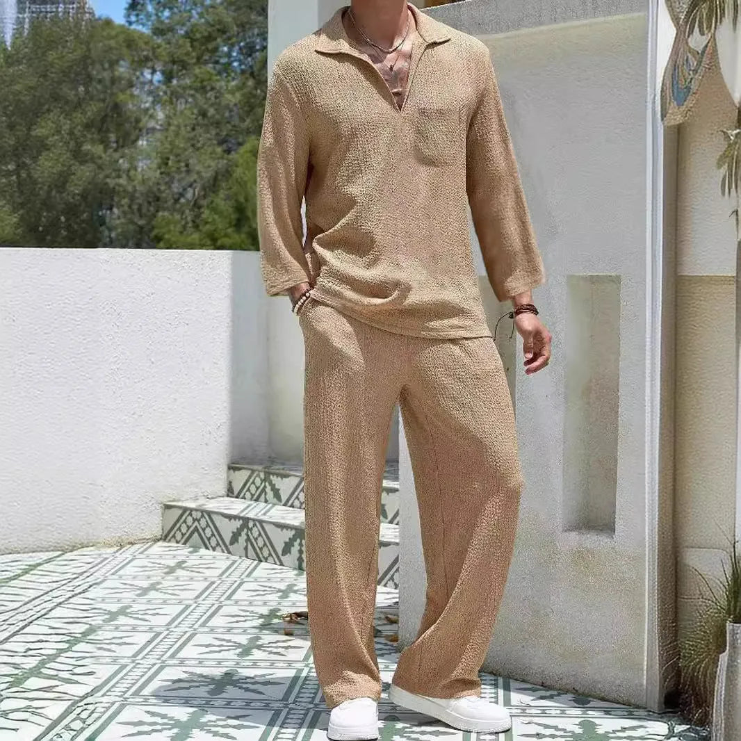 Men's casual shirt and trousers commuter suit set in lake blue, khaki, black, and caramel colours.