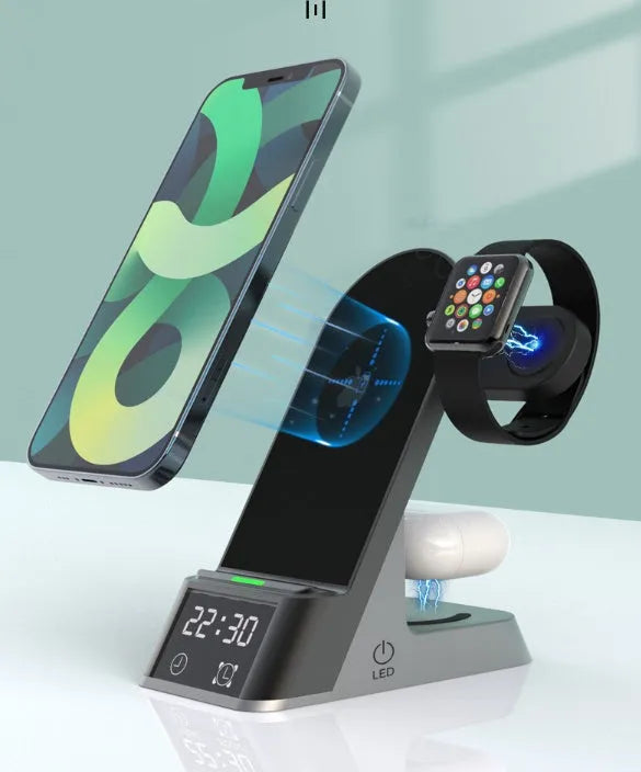 Black multifunctional alarm clock with wireless charging pad, Apple Watch dock, USB port, and LED display.