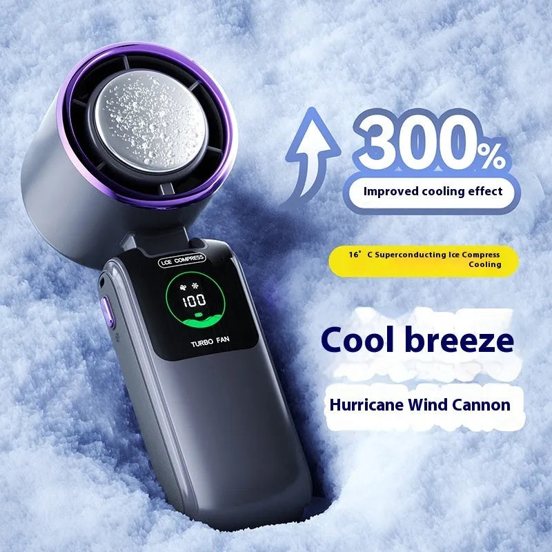 Blue coloured handheld electric fan with a hanging neck strap, shown in a folded position.
