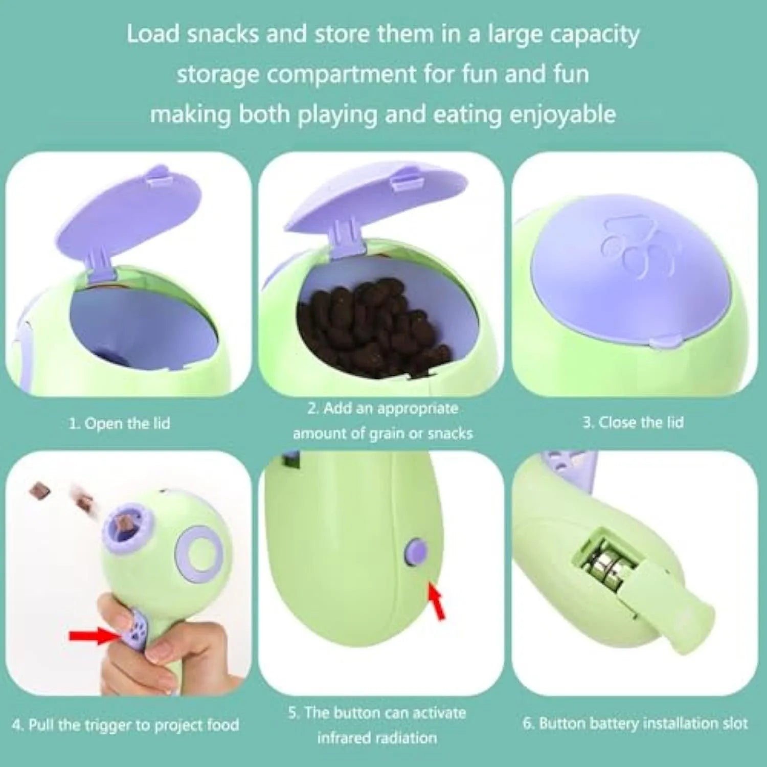 Green, orange, and pink interactive dog treat launcher toy with food dispenser