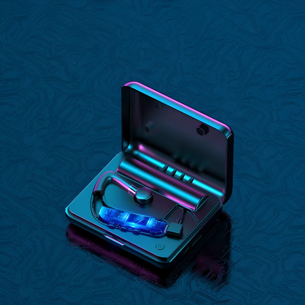 Black Bluetooth hanging ear earphones shown with a charging warehouse and three sizes of ear caps.